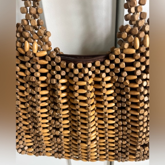 Vintage Brown Wood Beaded Bag Purse - Picture 4 of 4
